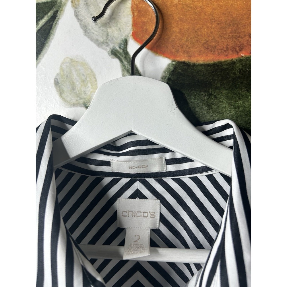Chicos Size 2 US Large No Iron Striped Black & White Button Down Shirt Cotton - Picture 4 of 5